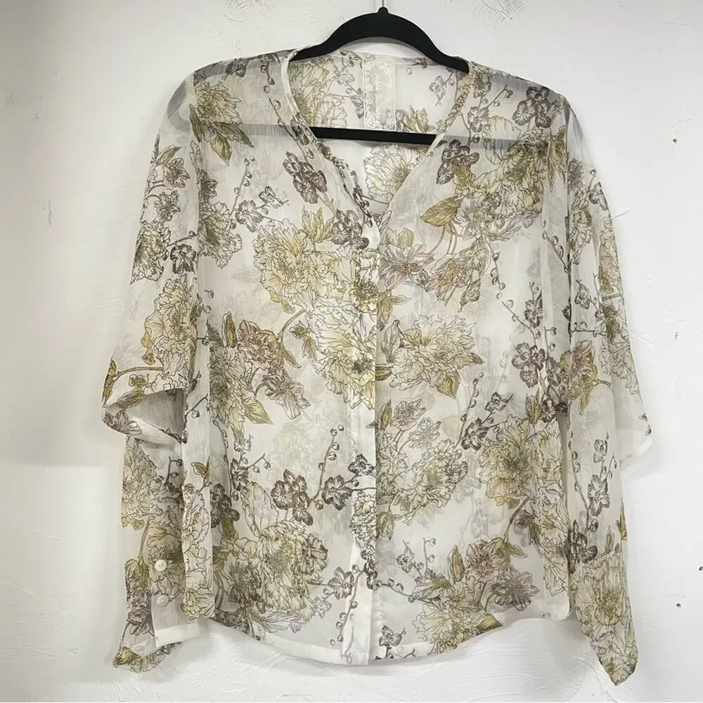 Sadie & Sage Cream Floral Print Sheer Long Sleeve Button Down Blouse M